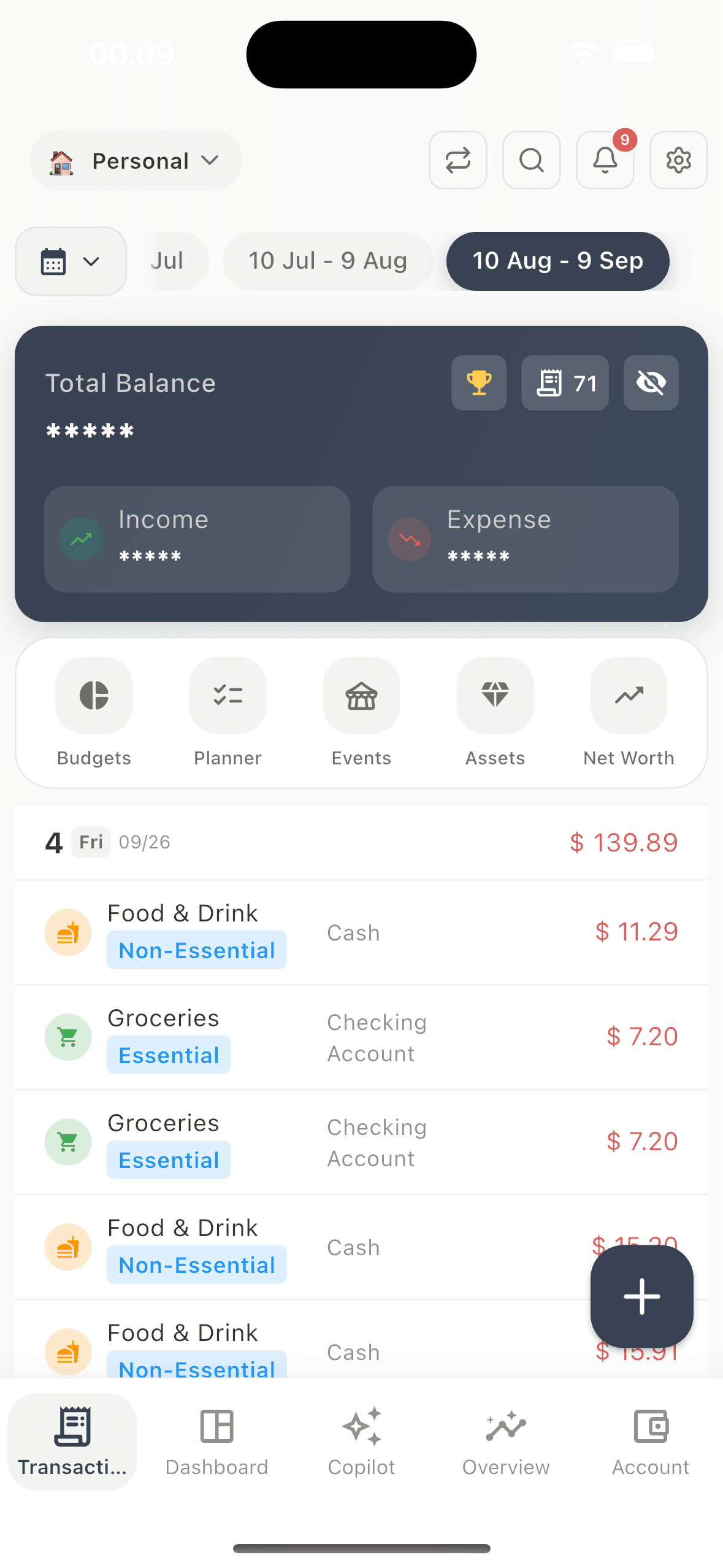 The Money Manager transactions screen showing balance, income and expenses